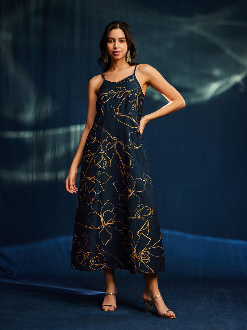 Sleeveless Foil Print Silk Dress - Blue