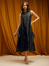 Sleeveless Gold Striped Lurex Handkerchief Dress - Black