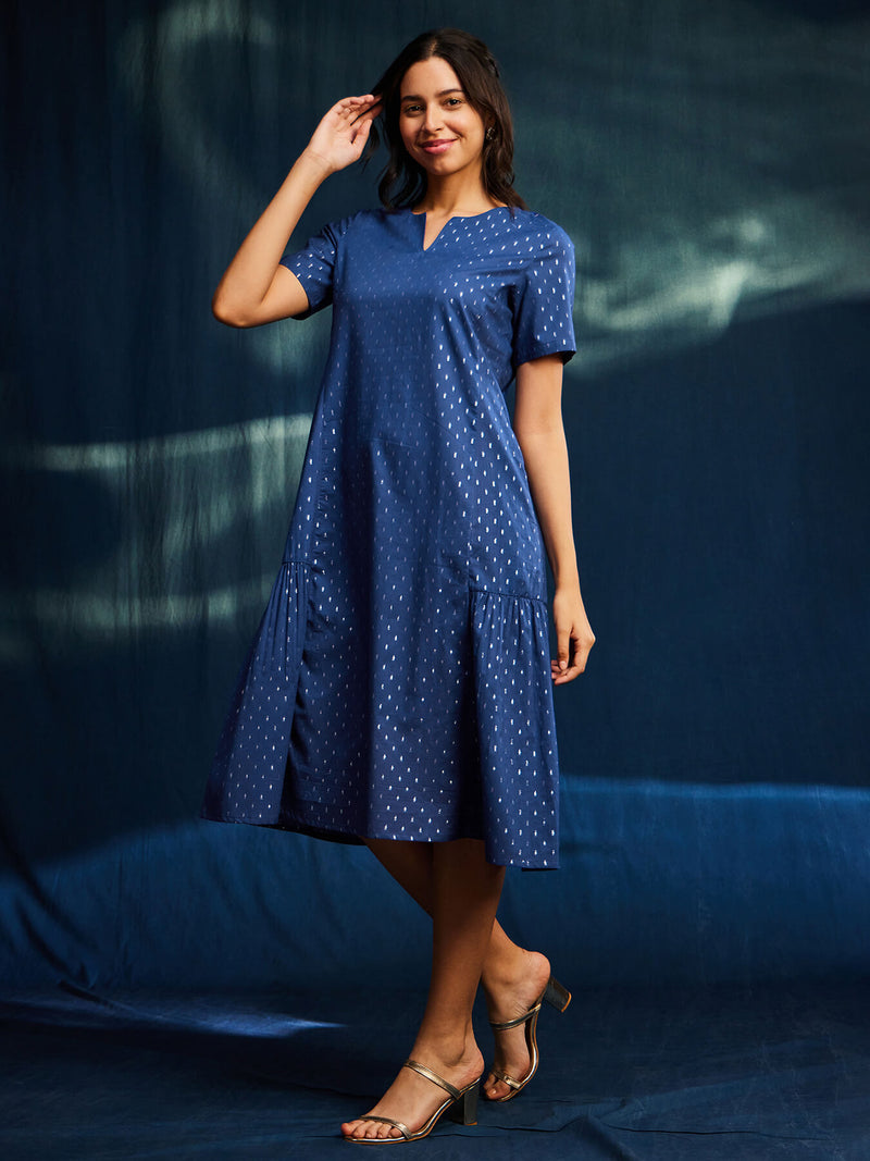 Cotton Lurex A-line Dress - Indigo