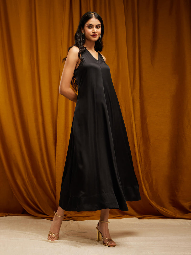 Sleeveless Solid Satin Dress - Black