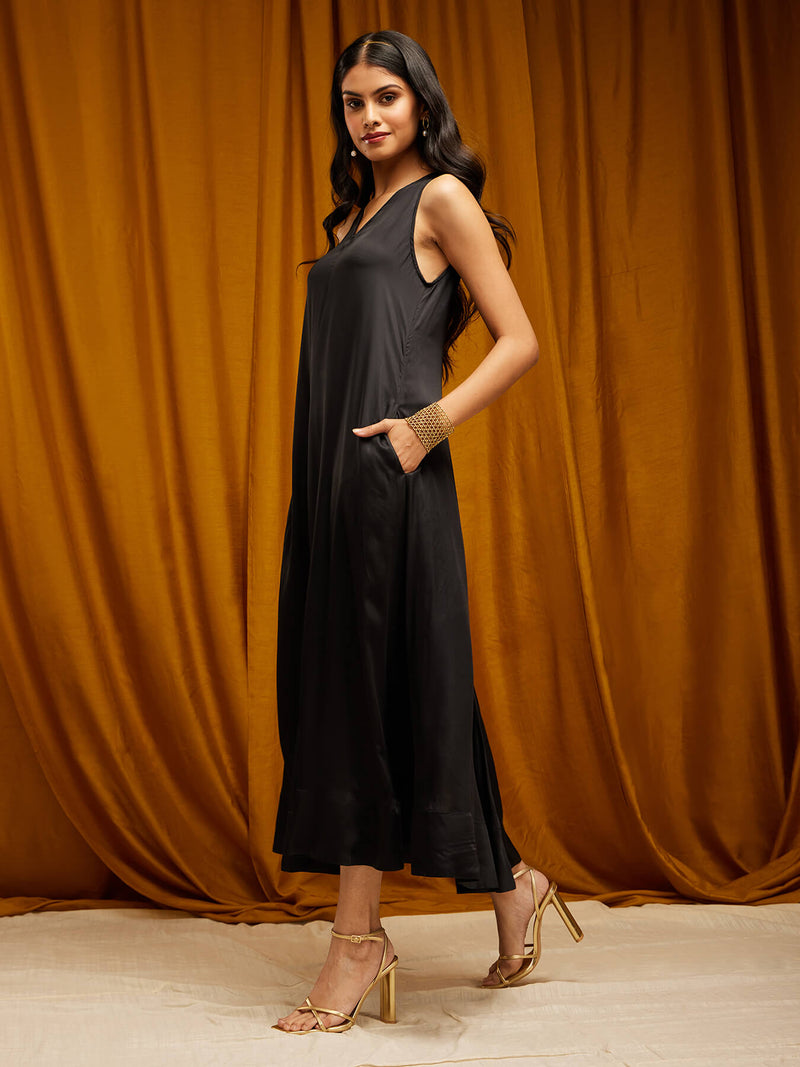 Sleeveless Solid Satin Dress - Black