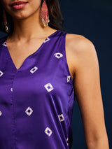 Sleeveless Satin Bandhani A-line Dress - Purple
