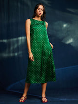 Sleeveless Satin Bandhani A-line Dress - Green