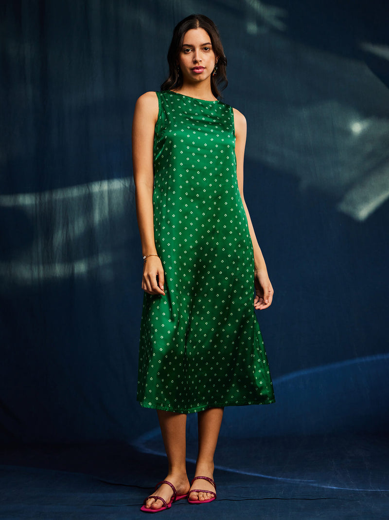 Sleeveless Satin Bandhani A-line Dress - Green