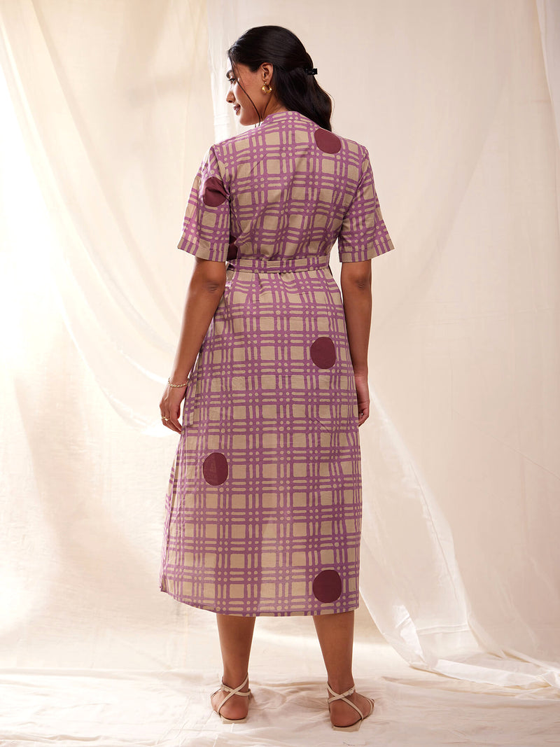 Cotton Check & Polka Print Wrap Dress - Mauve