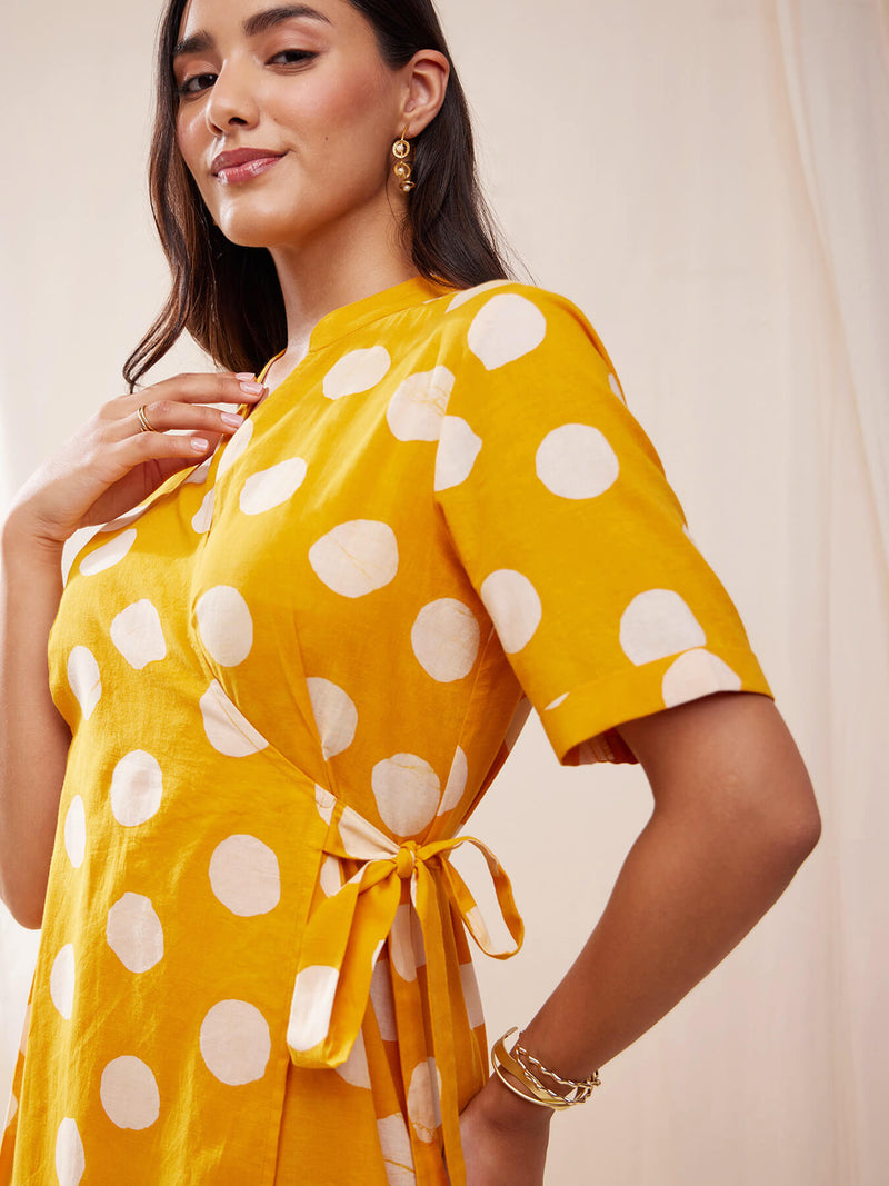 Cotton Dabu Handblock Polka Dress - Yellow