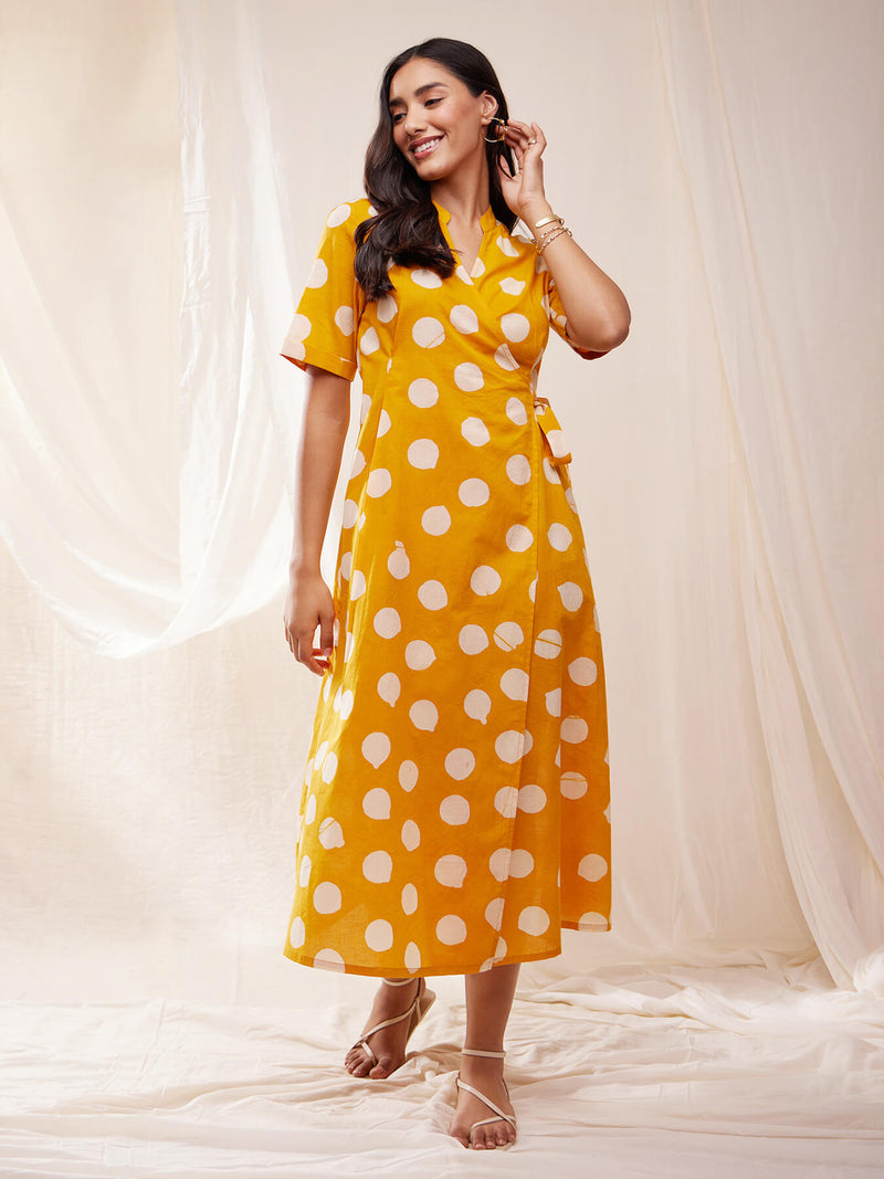 Cotton Dabu Handblock Polka Dress - Yellow