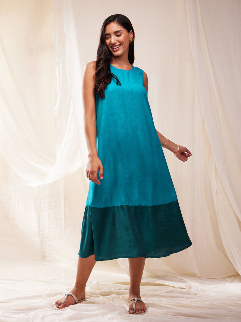 Sleeveless Colour Block A-line Dress - Teal & Blue