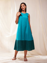 Sleeveless Colour Block A-line Dress - Teal & Blue