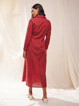 Cotton Tribal Print Shirt Dress - Red
