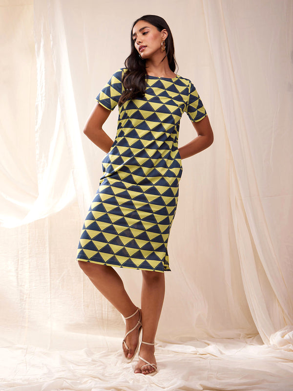 Cotton Geometric Print Shift Dress - Yellow & Blue