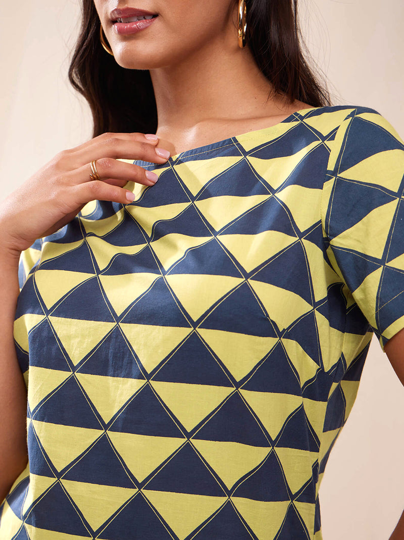 Cotton Geometric Print Shift Dress - Yellow & Blue