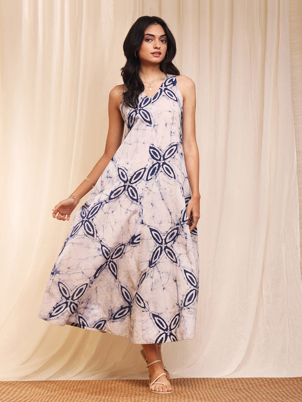 Cotton Batik Floral A-Line Dress - Navy Blue & White