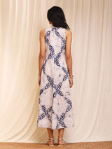 Cotton Batik Floral A-Line Dress - Navy Blue & White