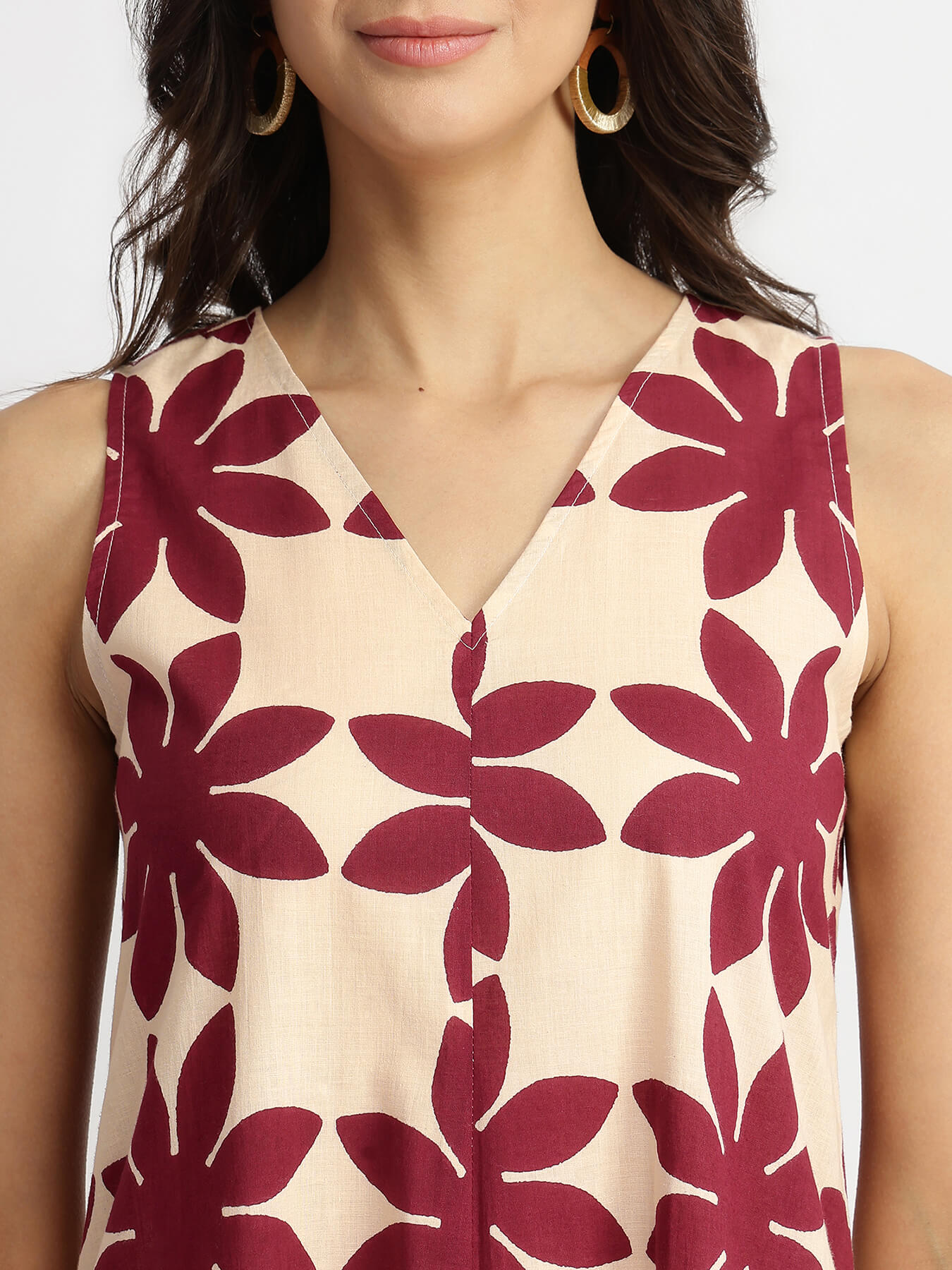 Cotton Dabu Handblock Floral Dress - Cream & Wine