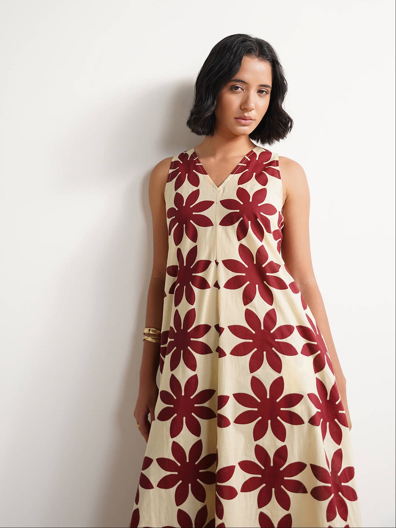 Cotton Dabu Handblock Floral Dress - Cream & Wine
