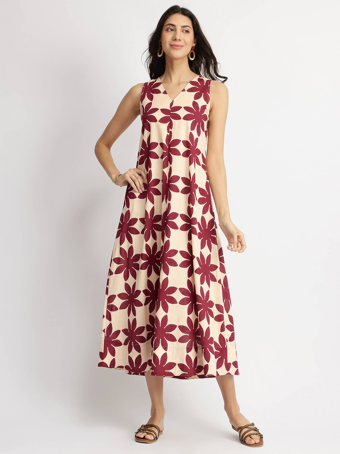 Cotton Dabu Handblock Floral Dress - Cream & Wine