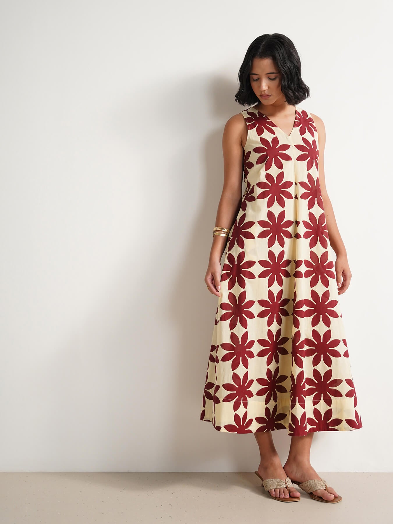 Cotton Dabu Handblock Floral Dress - Cream & Wine