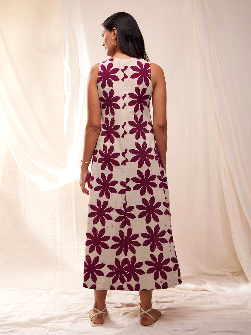 Cotton Dabu Handblock Floral Dress - Cream & Wine