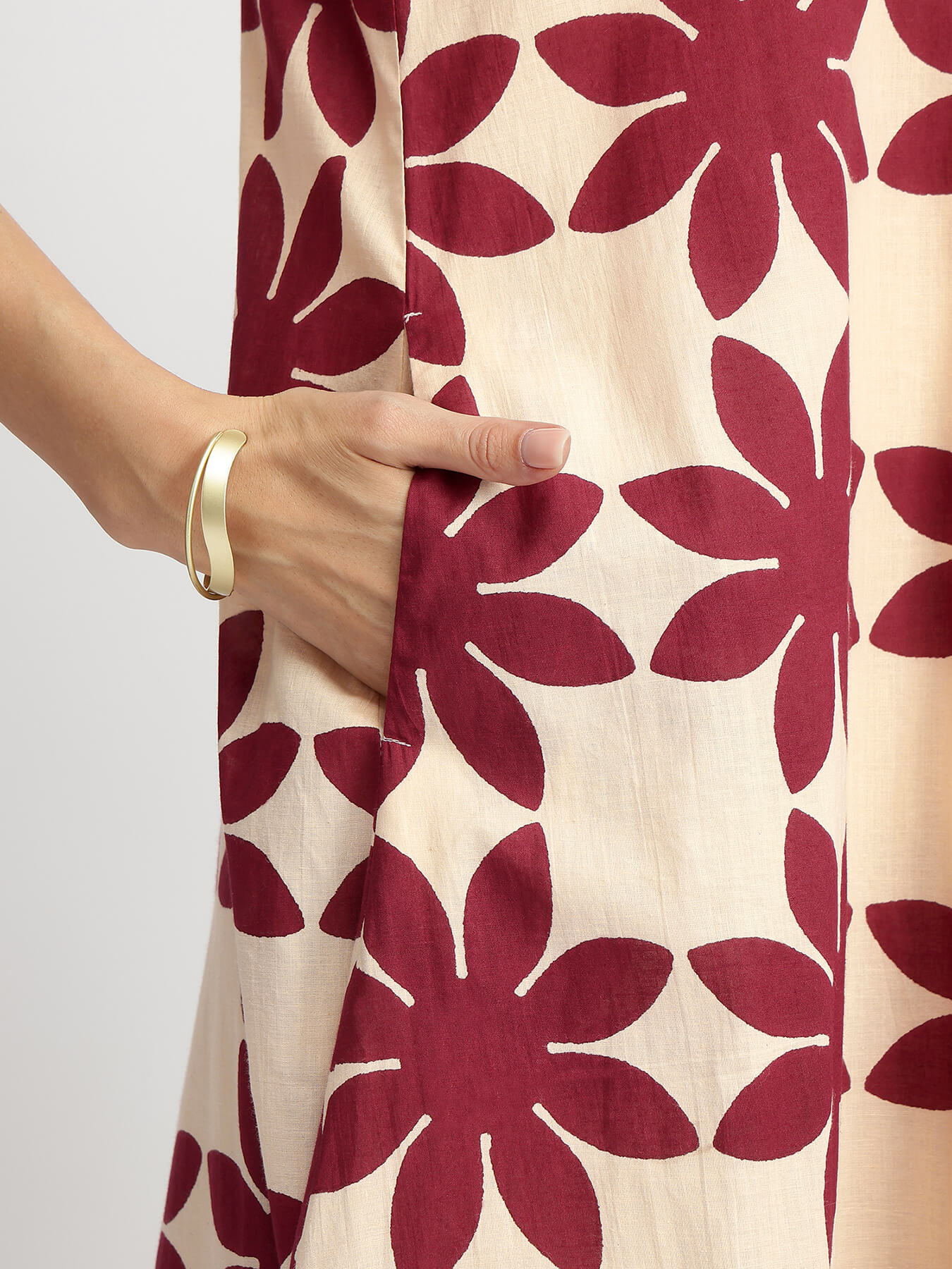 Cotton Dabu Handblock Floral Dress - Cream & Wine