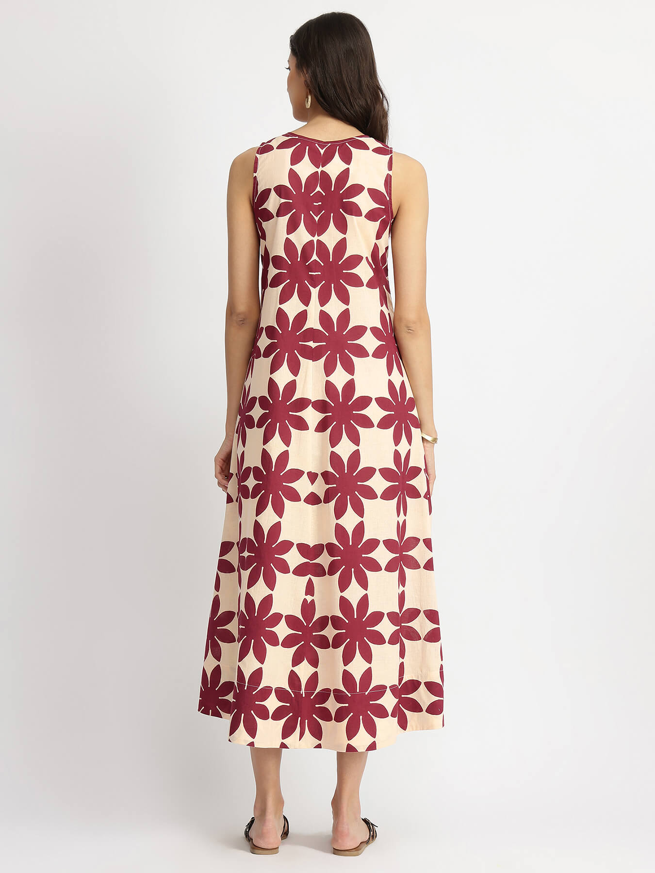 Cotton Dabu Handblock Floral Dress - Cream & Wine