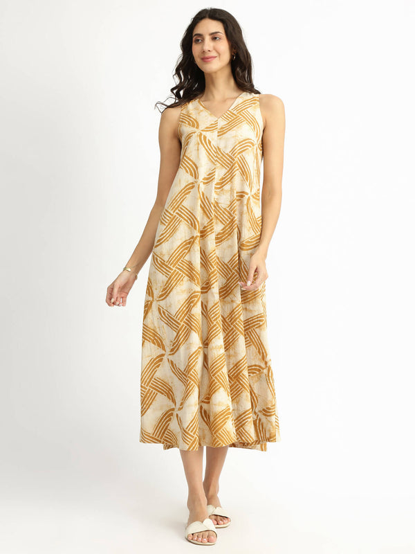 Cotton Dabu Geometric Dress - Mustard
