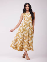 Cotton Dabu Geometric Dress - Mustard