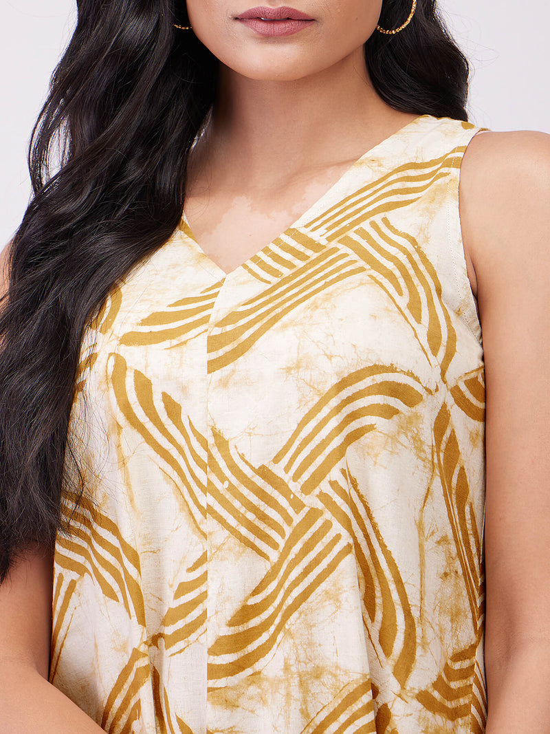 Cotton Dabu Geometric Dress - Mustard