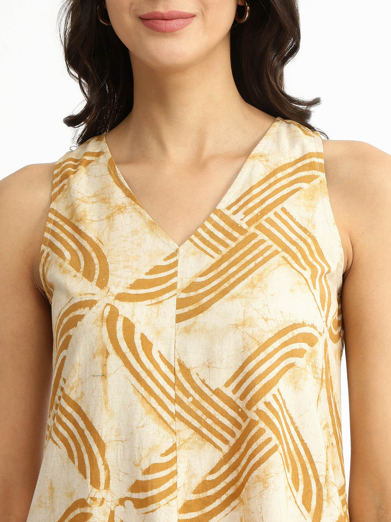 Cotton Dabu Geometric Dress - Mustard