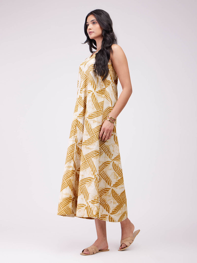 Cotton Dabu Geometric Dress - Mustard