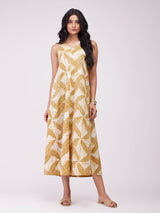 Cotton Dabu Geometric Dress - Mustard