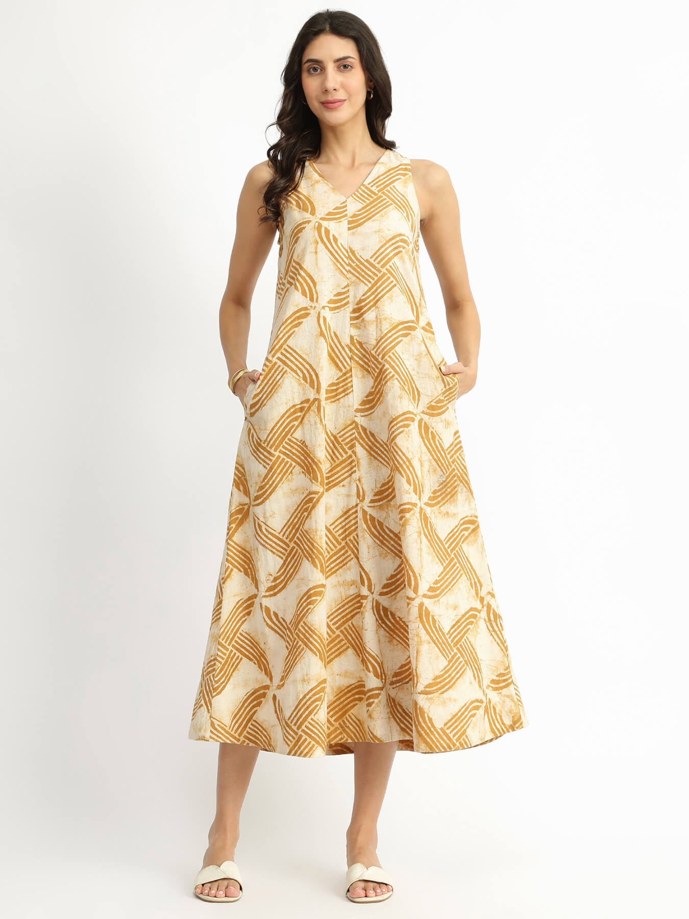 Cotton Dabu Geometric Dress - Mustard