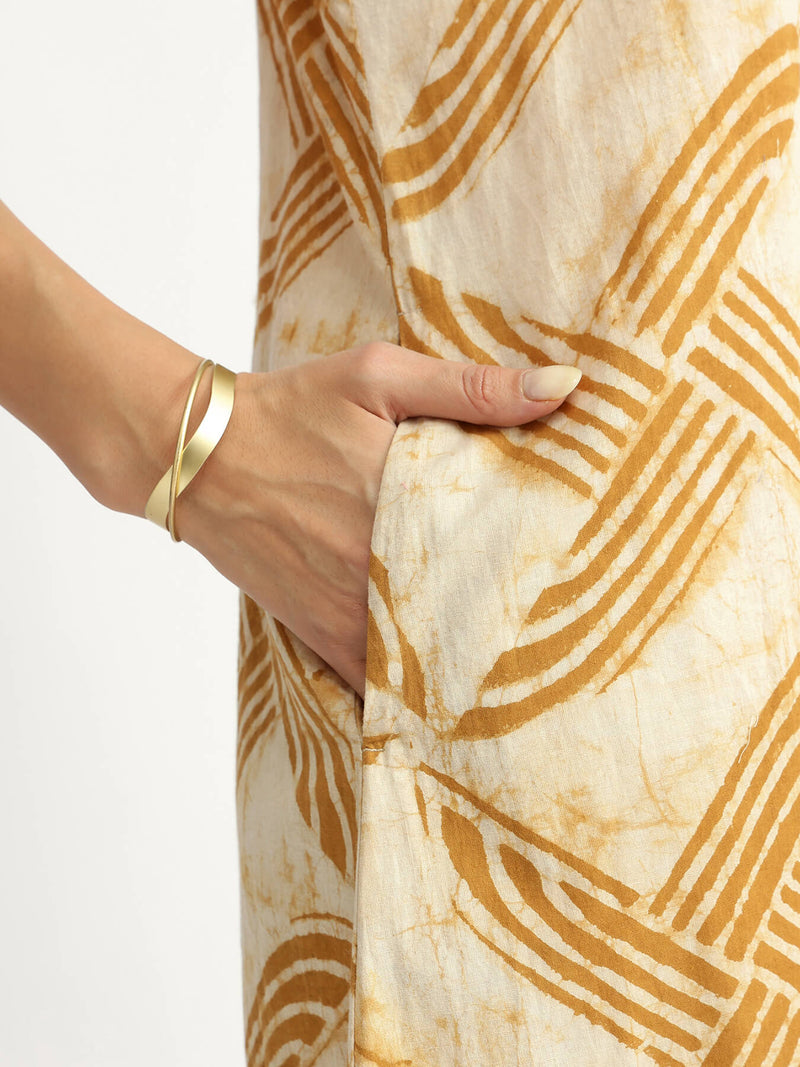 Cotton Dabu Geometric Dress - Mustard