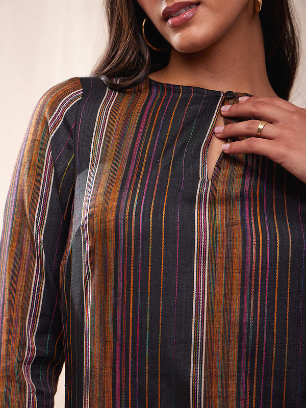 Cotton Striped A-line Dress - Multicolour
