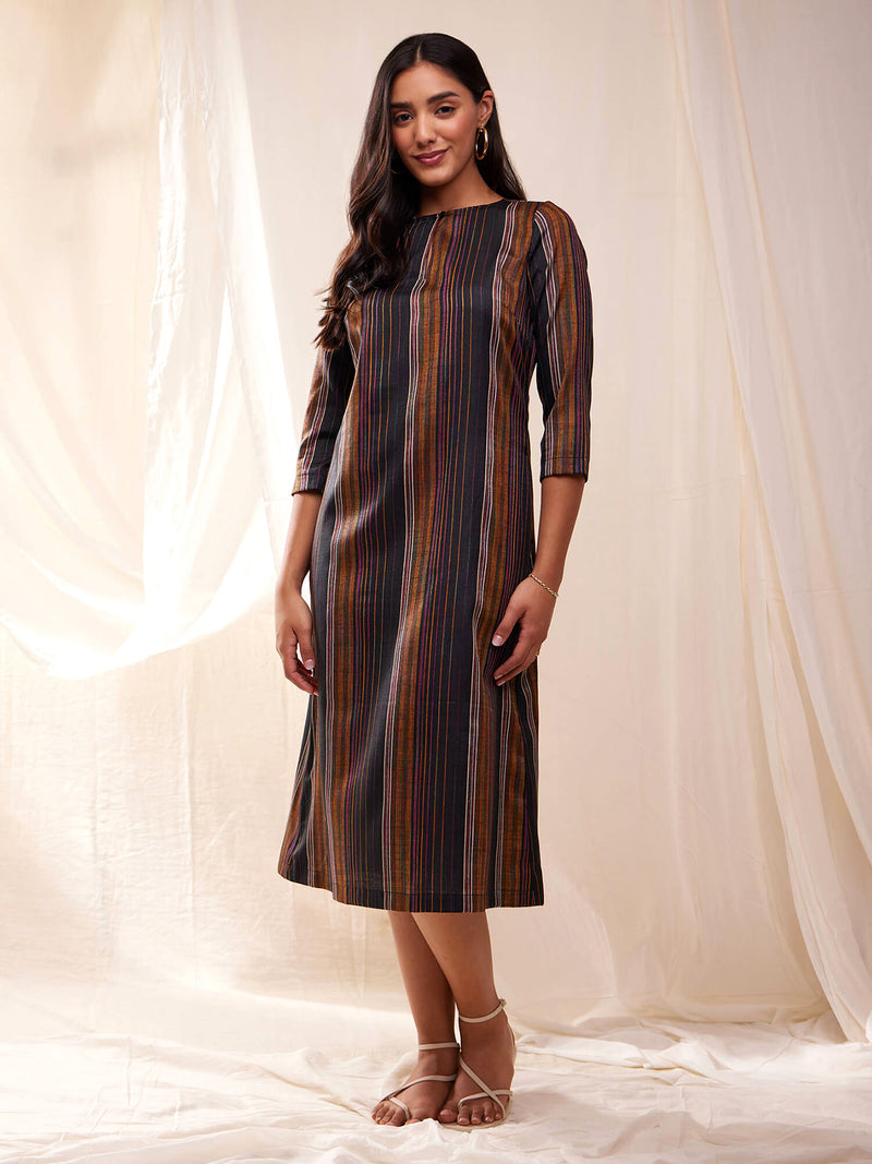 Cotton Striped A-line Dress - Multicolour