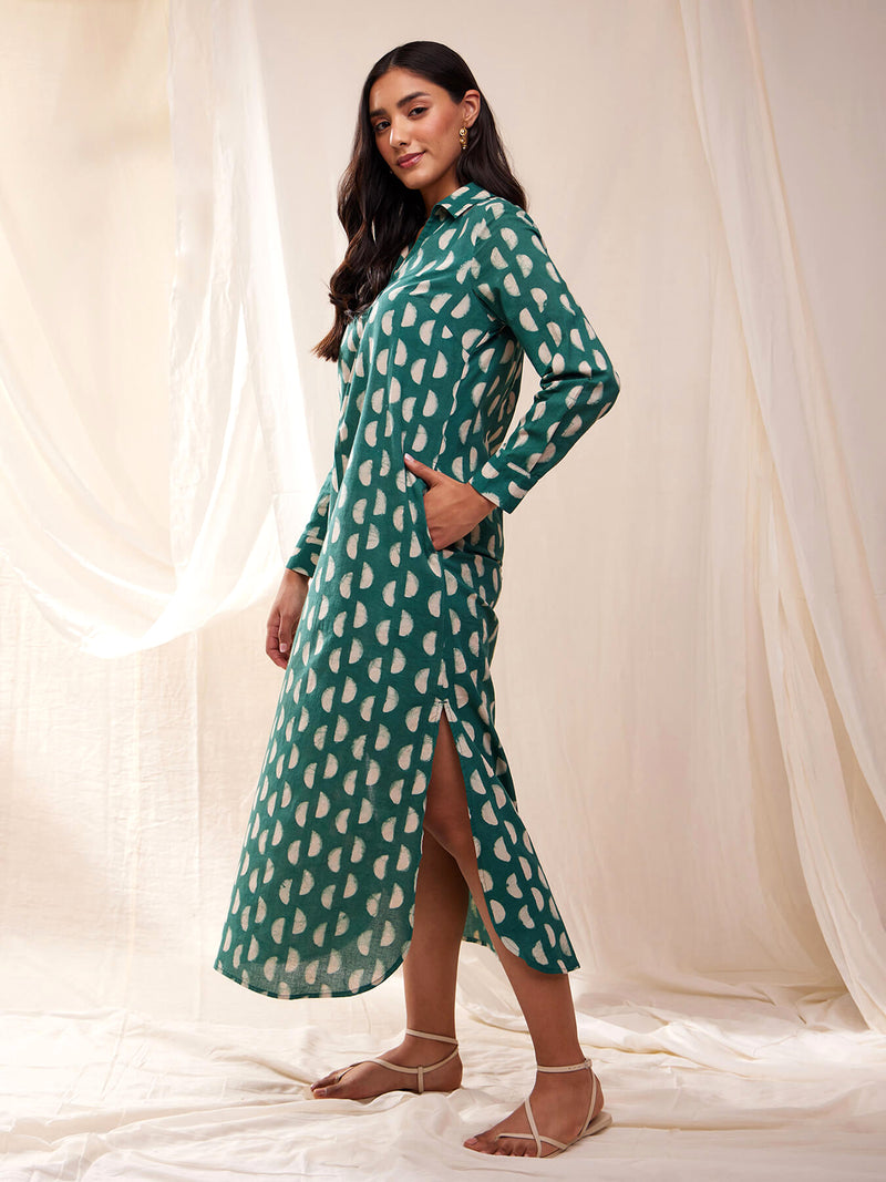 Cotton Dabu Handblock Half Moon Print Dress - Green
