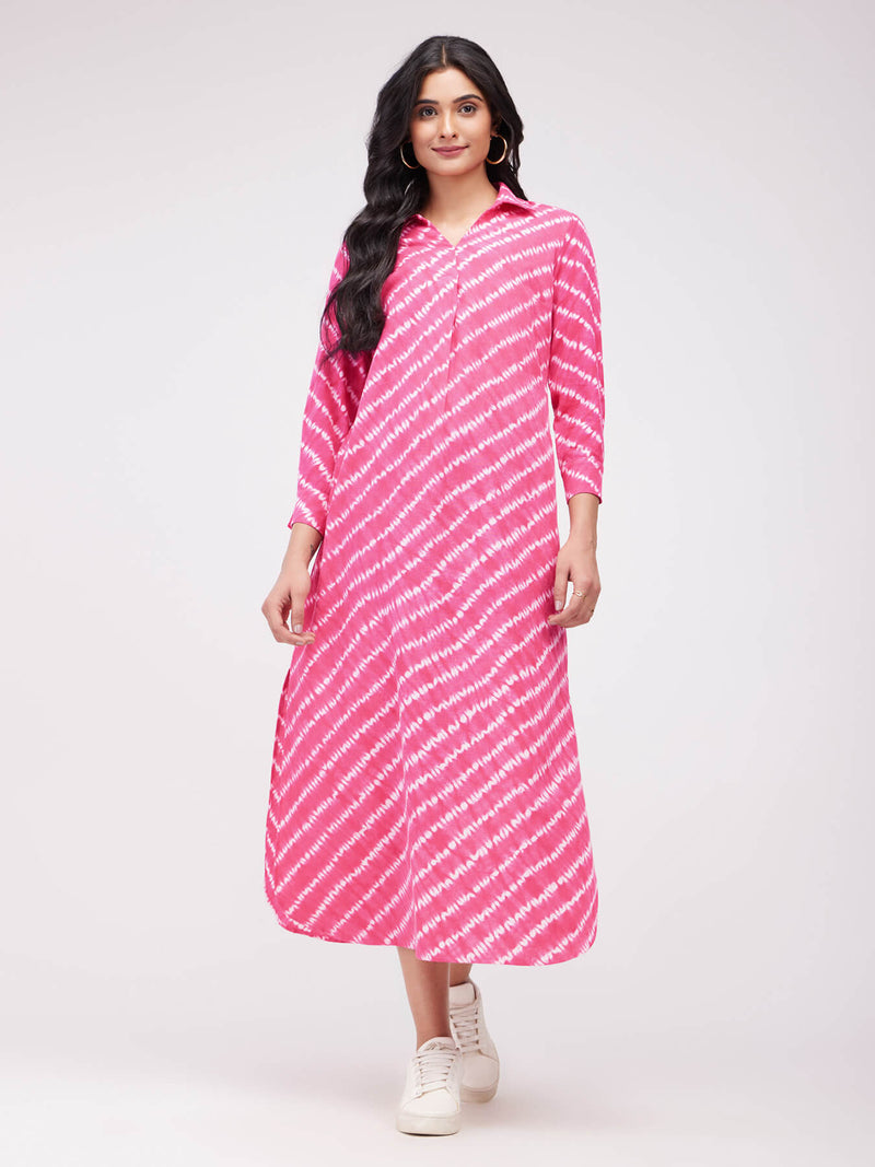 Cotton Shibori Striped Dress - Pink