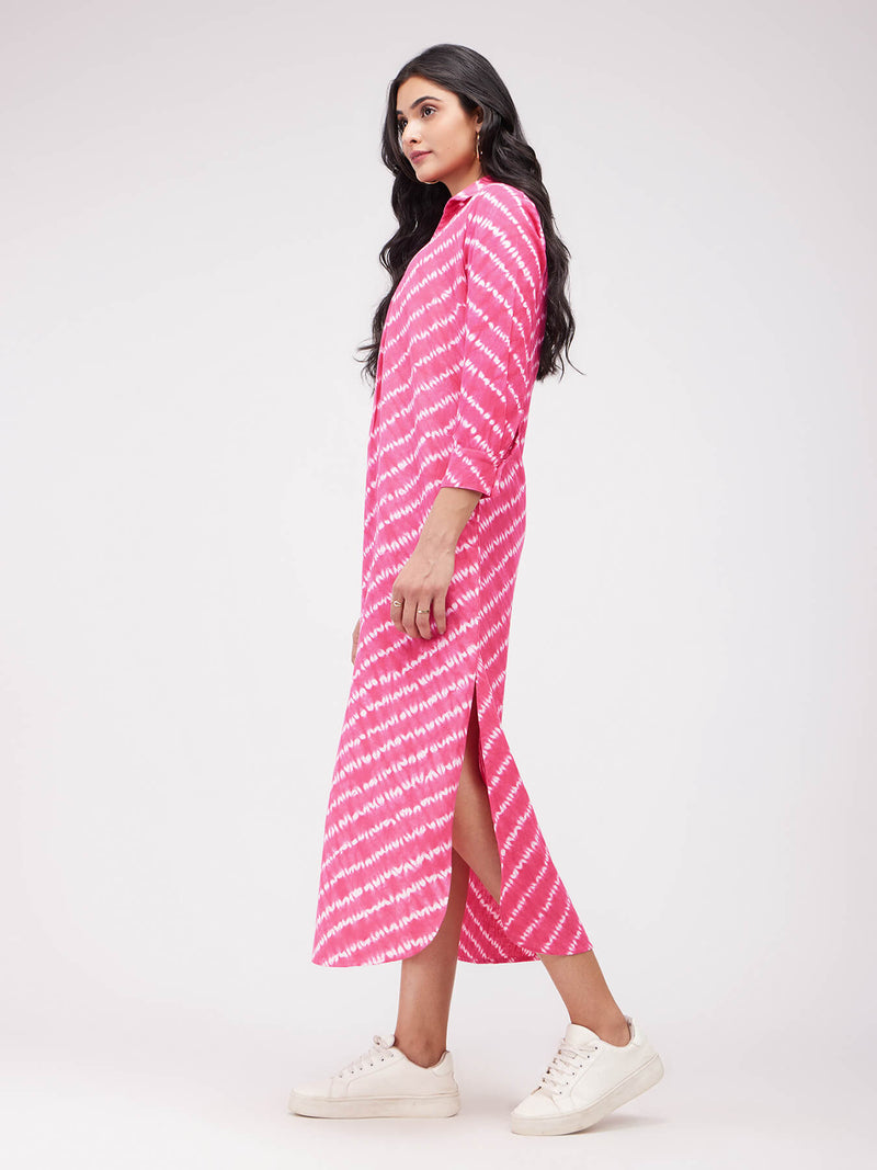 Cotton Shibori Striped Dress - Pink