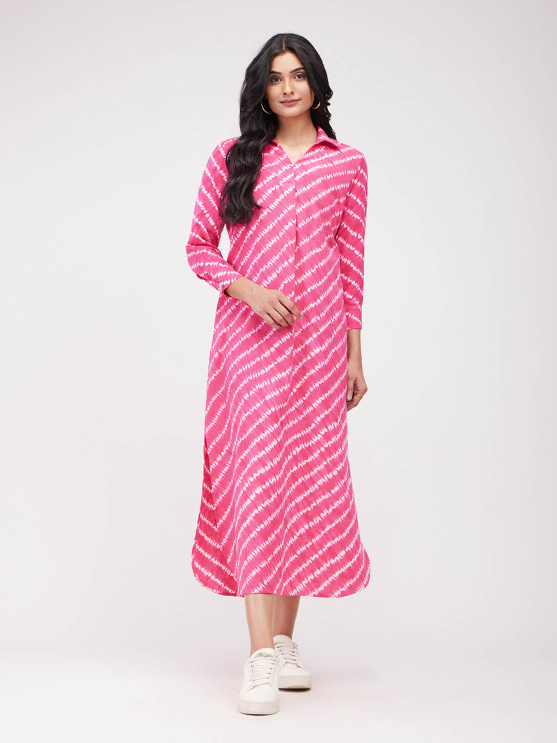 Cotton Shibori Striped Dress - Pink