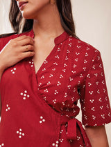 Cotton Tribal Print A-line Wrap Dress - Red