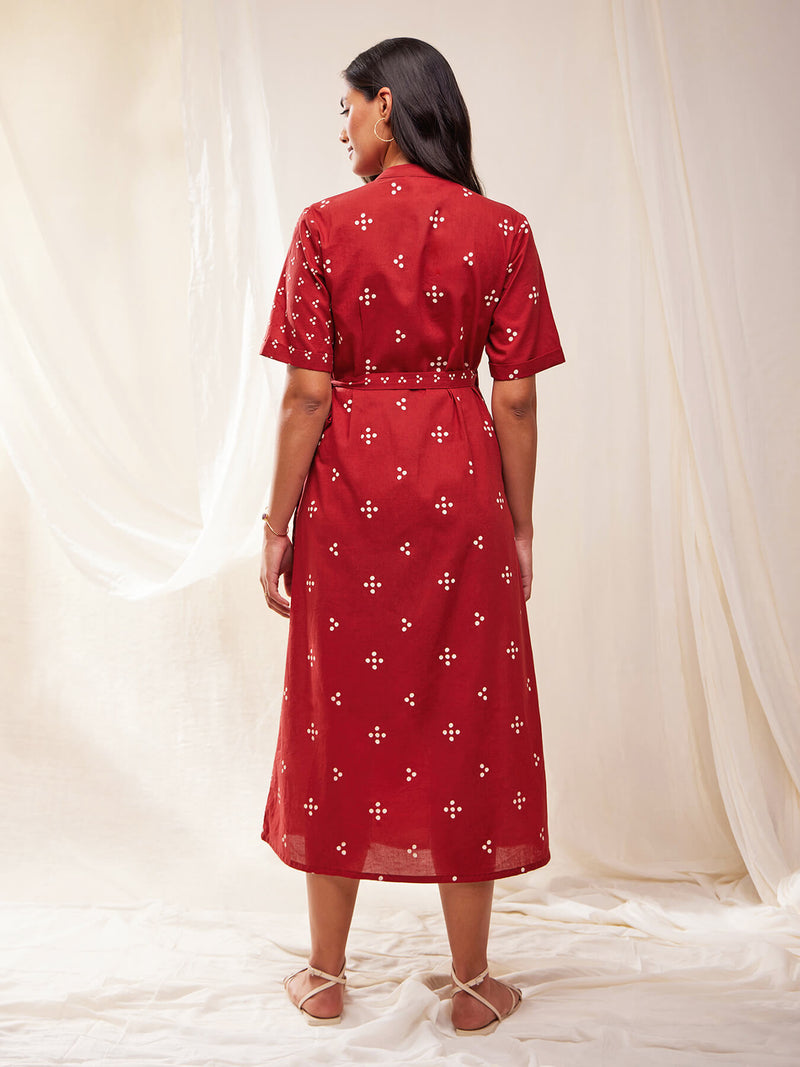 Cotton Tribal Print A-line Wrap Dress - Red