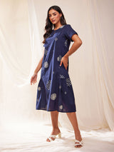 Cotton Tribal Print A-line Dress - Blue