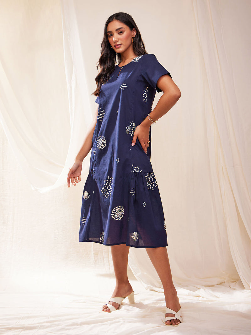 Cotton Tribal Print A-line Dress - Blue