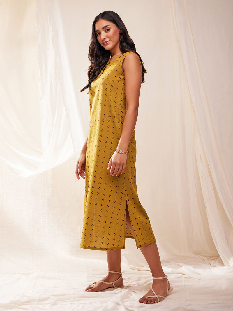 Cotton Tribal Print A-line Dress - Mustard