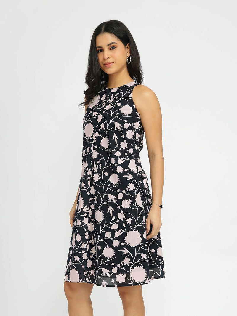 Cotton Floral Sleeveless Dress - Black & Off-White