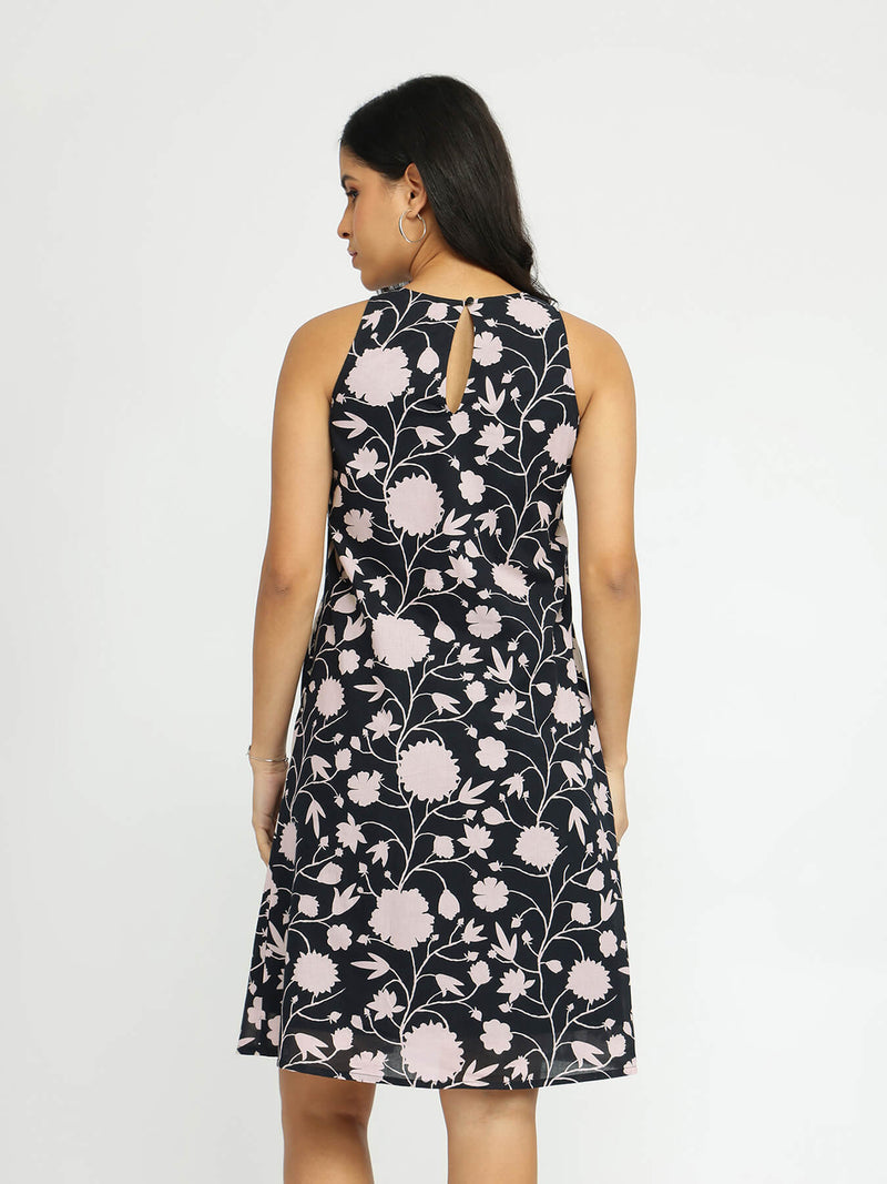 Cotton Floral Sleeveless Dress - Black & Off-White