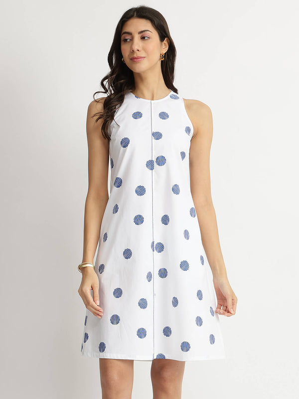 Cotton Print Play A-Line Dress - White & Blue