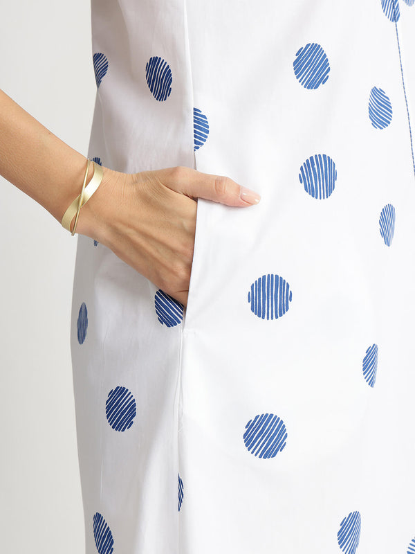 Cotton Print Play A-Line Dress - White & Blue