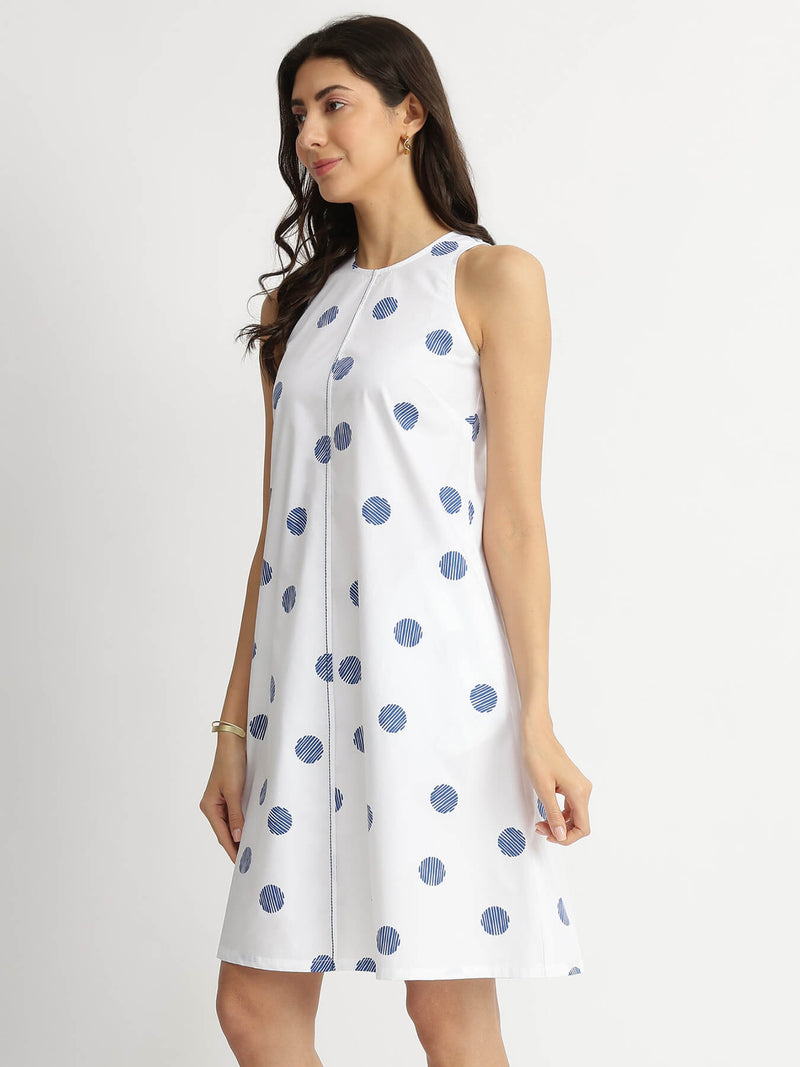 Cotton Print Play A-Line Dress - White & Blue