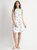 Cotton Print Play A-Line Dress - White & Blue